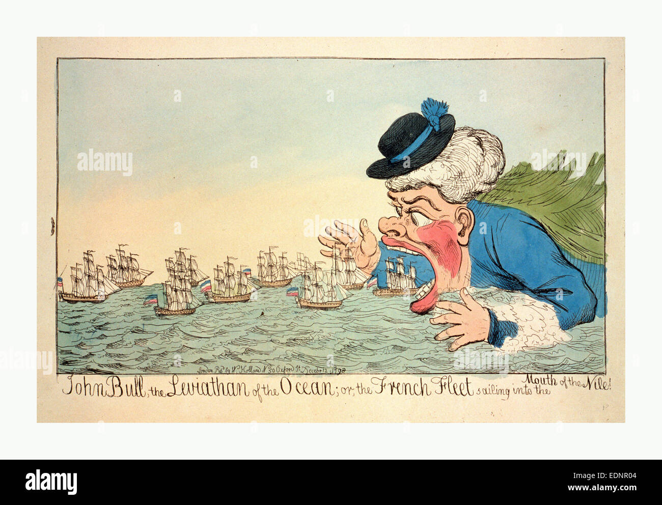 John Bull, le léviathan de l'océan ou à la flotte française dans la bouche du Nil !, gravure 1798, John Bull mangent des navires à voile, une satire de la défaite française lors de la guerre de la deuxième Coalition, peut-être fait référence à la bataille de th Banque D'Images