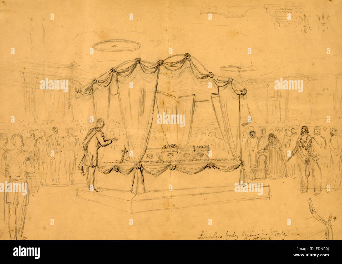 Lincoln's corps étendu dans la région à l'Est Prix Maison Blanche, le 19 avril 1865, dessin sur papier rose crayon, 34,9 x 50,4 cm. (Feuille), 1862-1865, par Alfred Waud R, 1828-1891, un artiste américain célèbre pour ses croquis de la guerre de Sécession, l'Amérique, Etats-Unis Banque D'Images