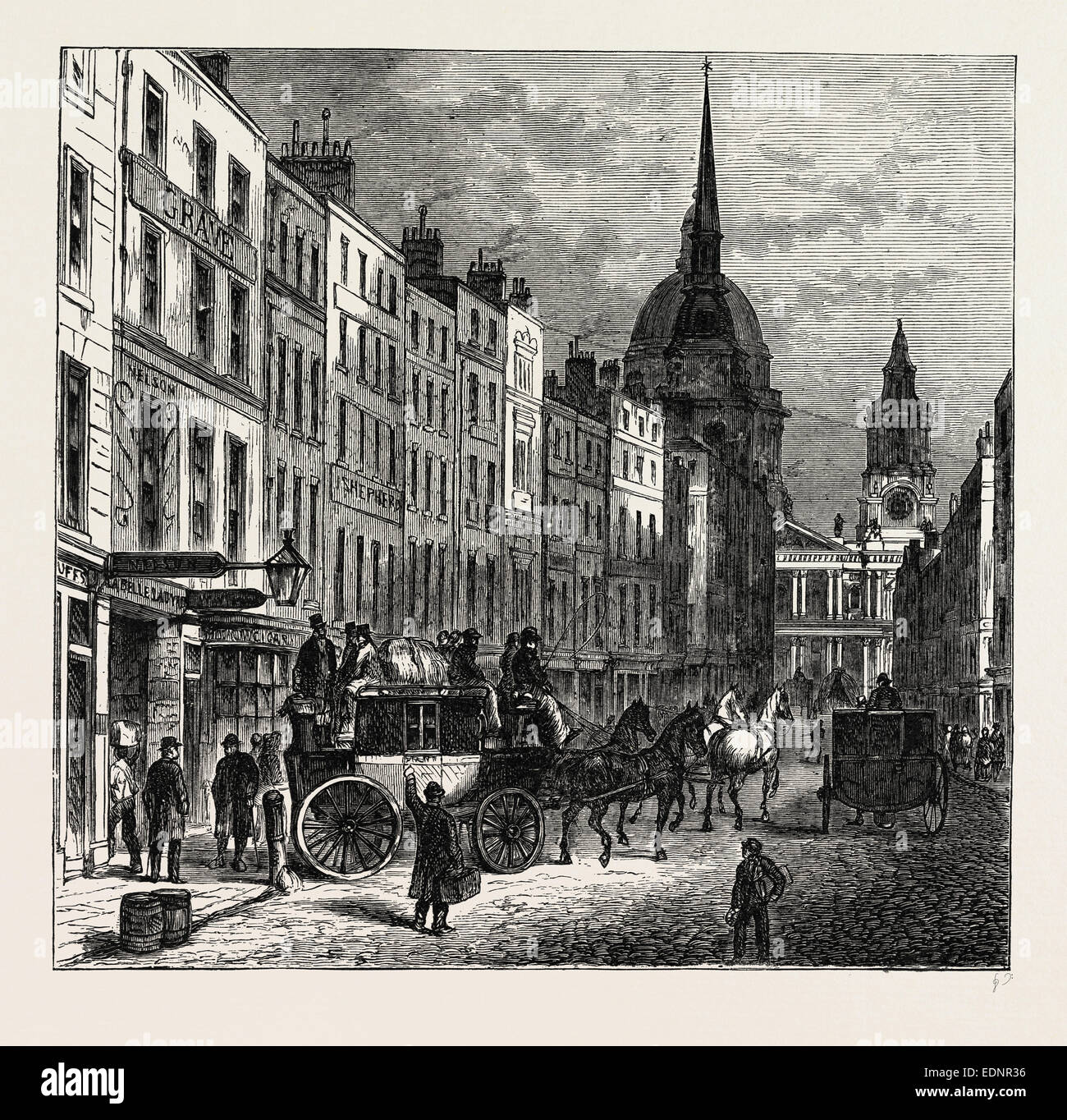 Le CÔTÉ NORD DE LUDGATE HILL. La CAMBRIDGE COACH À PARTIR. Londres, Royaume-Uni, la gravure du xixe siècle Banque D'Images