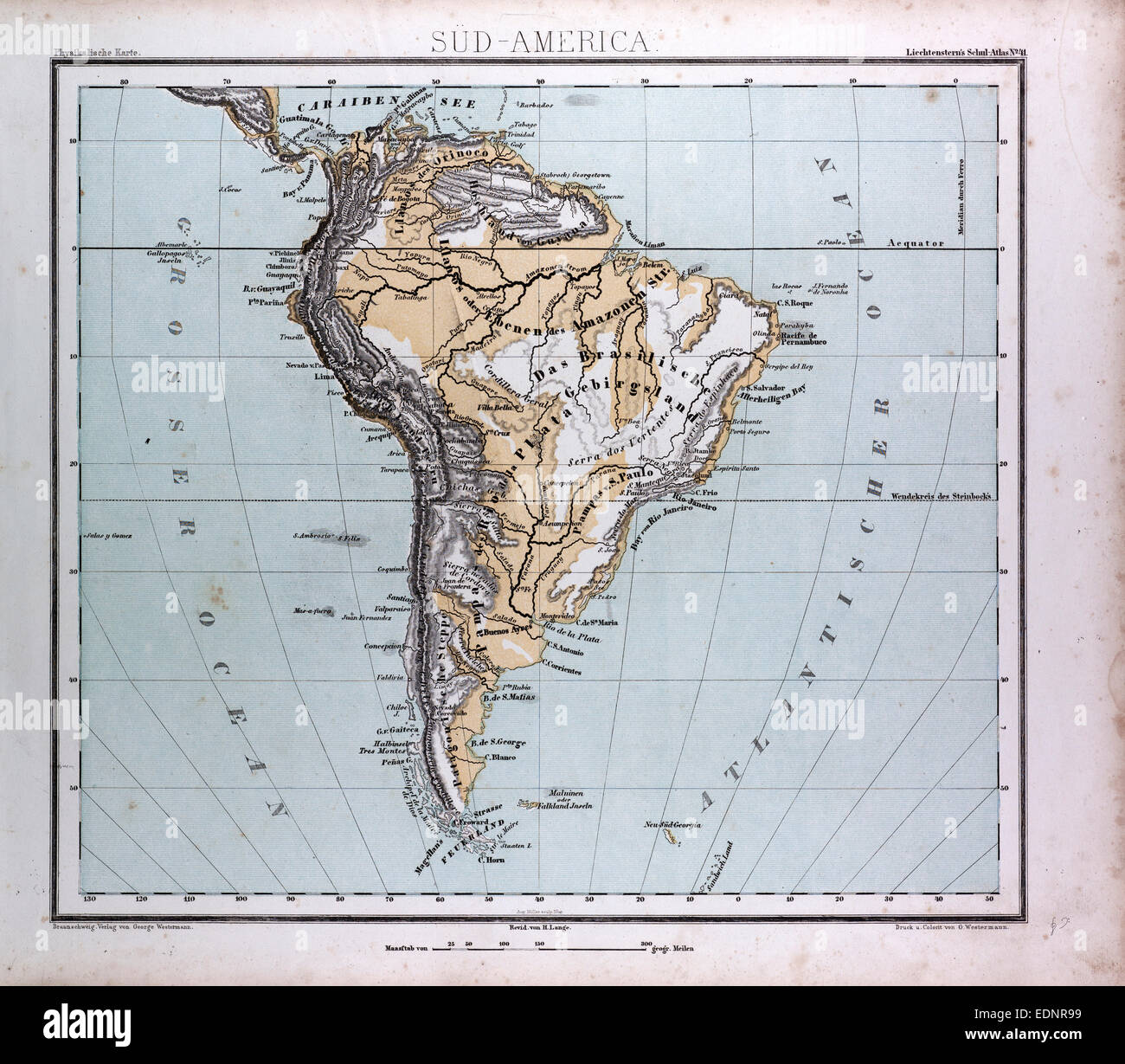 Carte de l'Amérique du Sud, atlas par Th. von Liechtenstern et Henry Lange, carte antique 1869 Banque D'Images