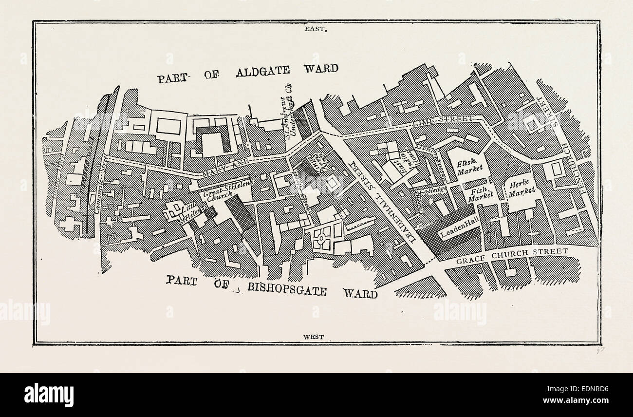 La carte du quartier de Lime Street, London, UK, gravure du xixe siècle Banque D'Images