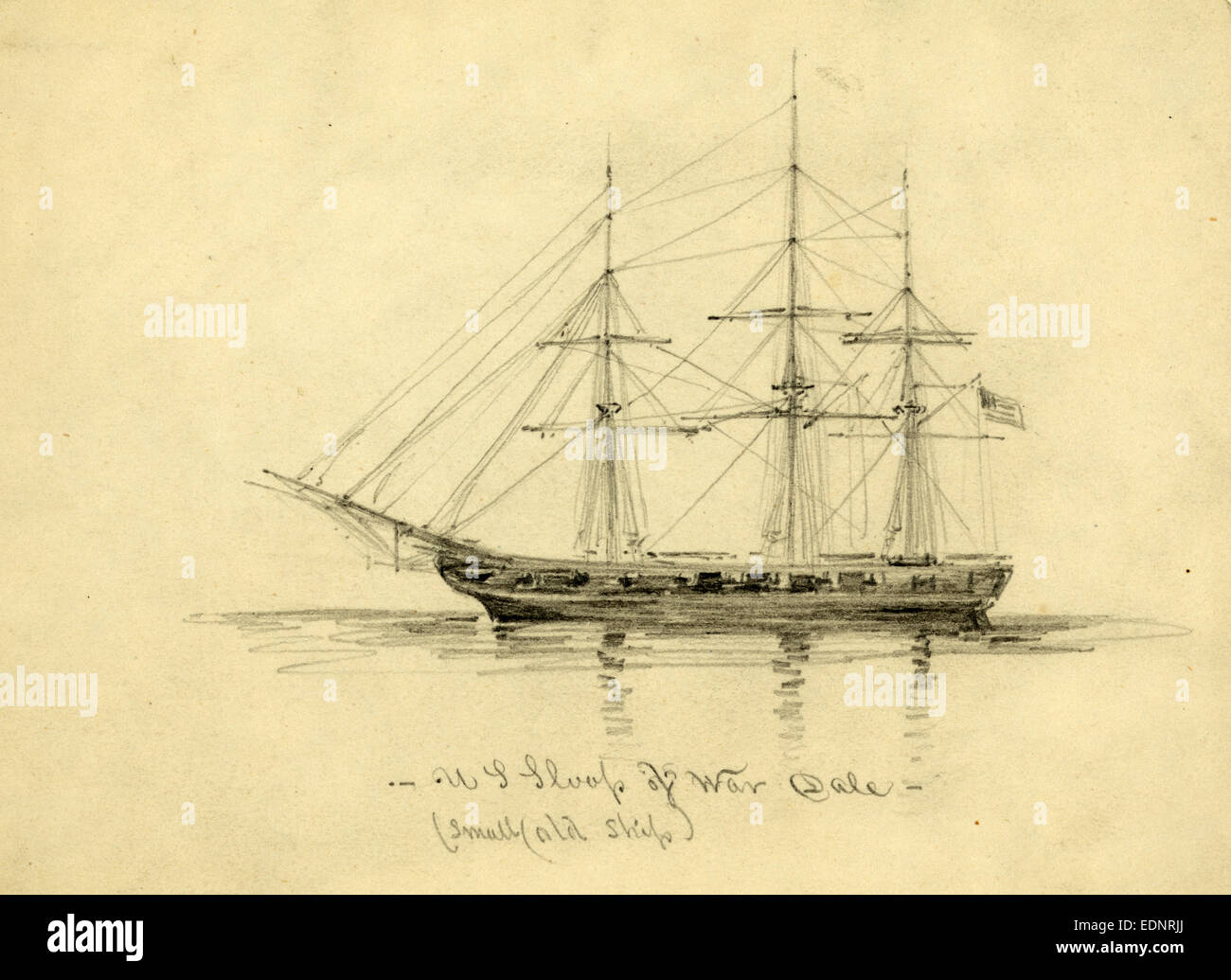 Sloop de guerre américain Dale, entre 1860 et 1865, dessin au crayon sur papier blanc, 11 x 15,5 cm. (Feuille), 1862-1865, par Alfred Waud R Banque D'Images