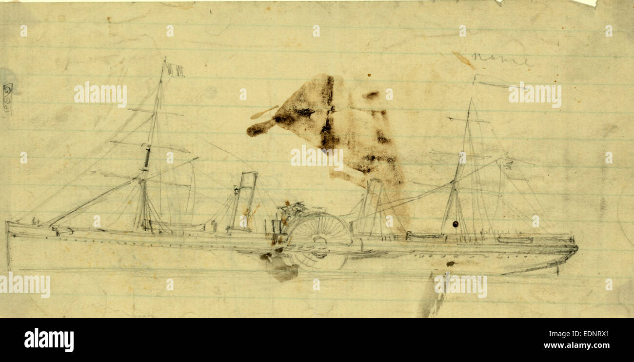 Steamship avec sidewheel et deux mâts, entre 1860 et 1865, dessin sur papier ligné crème crayon, 9,6 x 20,3 cm. (Feuille), 1862 Banque D'Images