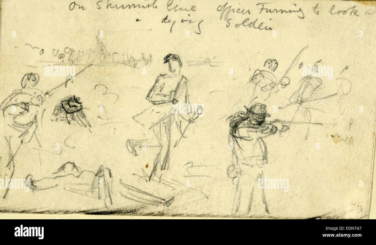 Sur la ligne d'escarmouche en se tournant vers l'agent d'un soldat mourant, entre 1860 et 1865, dessin au crayon sur papier blanc Banque D'Images