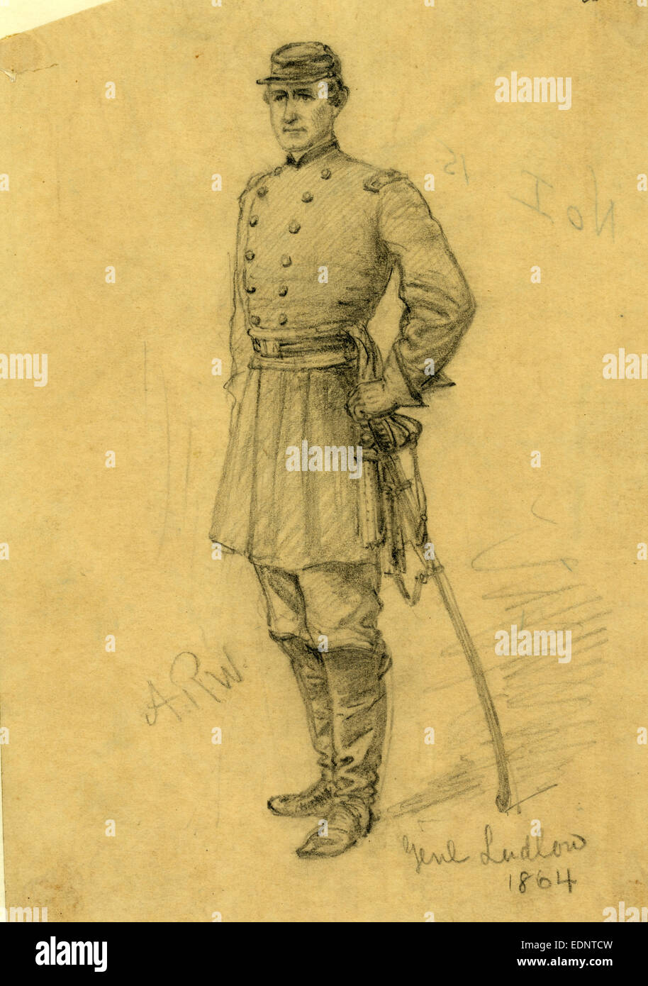 Général Ludlow, 1864, dessin sur papier jaune crayon, 17,2 x 11,6 cm. (Feuille), 1862-1865, par Alfred Waud R, 1828-1891, un américain Banque D'Images