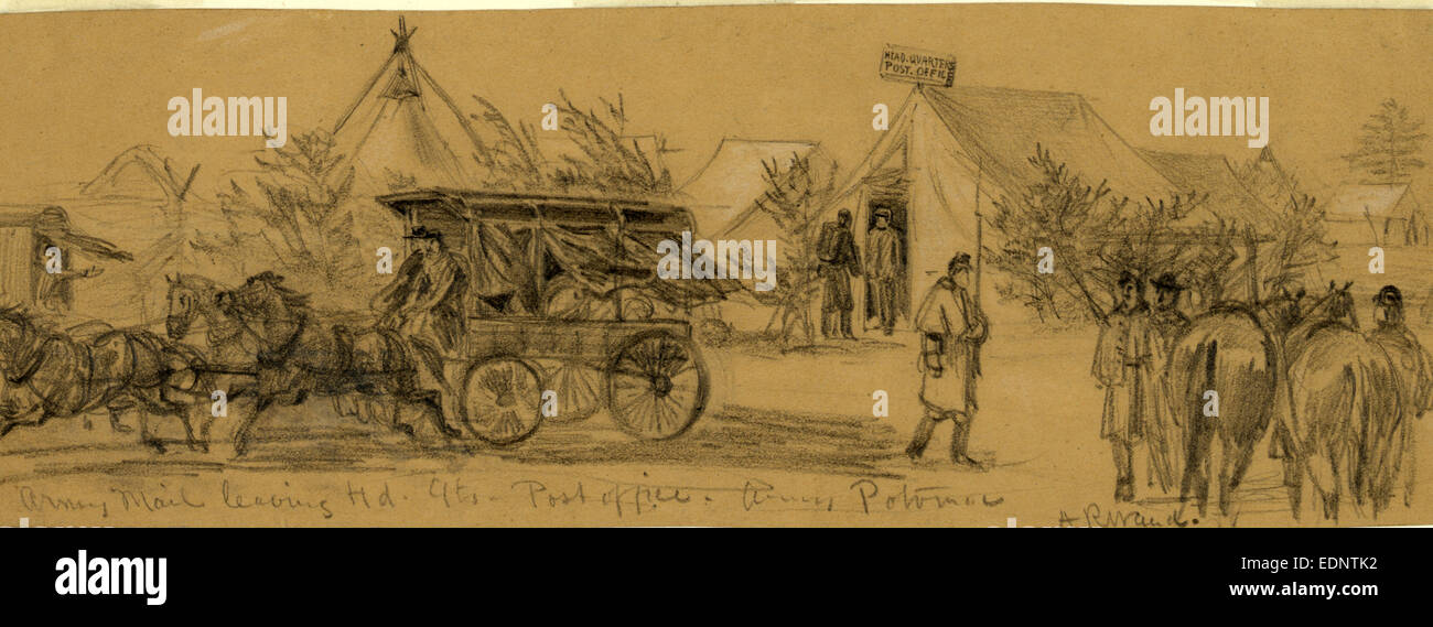 Courrier de l'armée de quitter hd.Qts. Bureau de poste. Potomac armée, dessin, 1862-1865, par Alfred Waud R, 1828-1891, un artiste américain Banque D'Images Courrier de l'armée de quitter hd.Qts. Bureau de poste. Potomac armée, dessin, 1862-1865, par Alfred Waud R, 1828-1891, un artiste américain Banque D'Images
