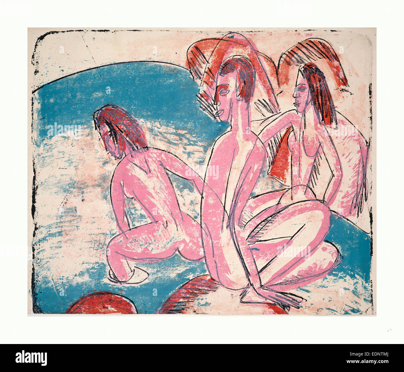Ernst Ludwig Kirchner, trois baigneurs par des pierres (Drei Badende un Steinen), allemand, 1880, 1938, 1913, lithographie en rose, bleu Banque D'Images