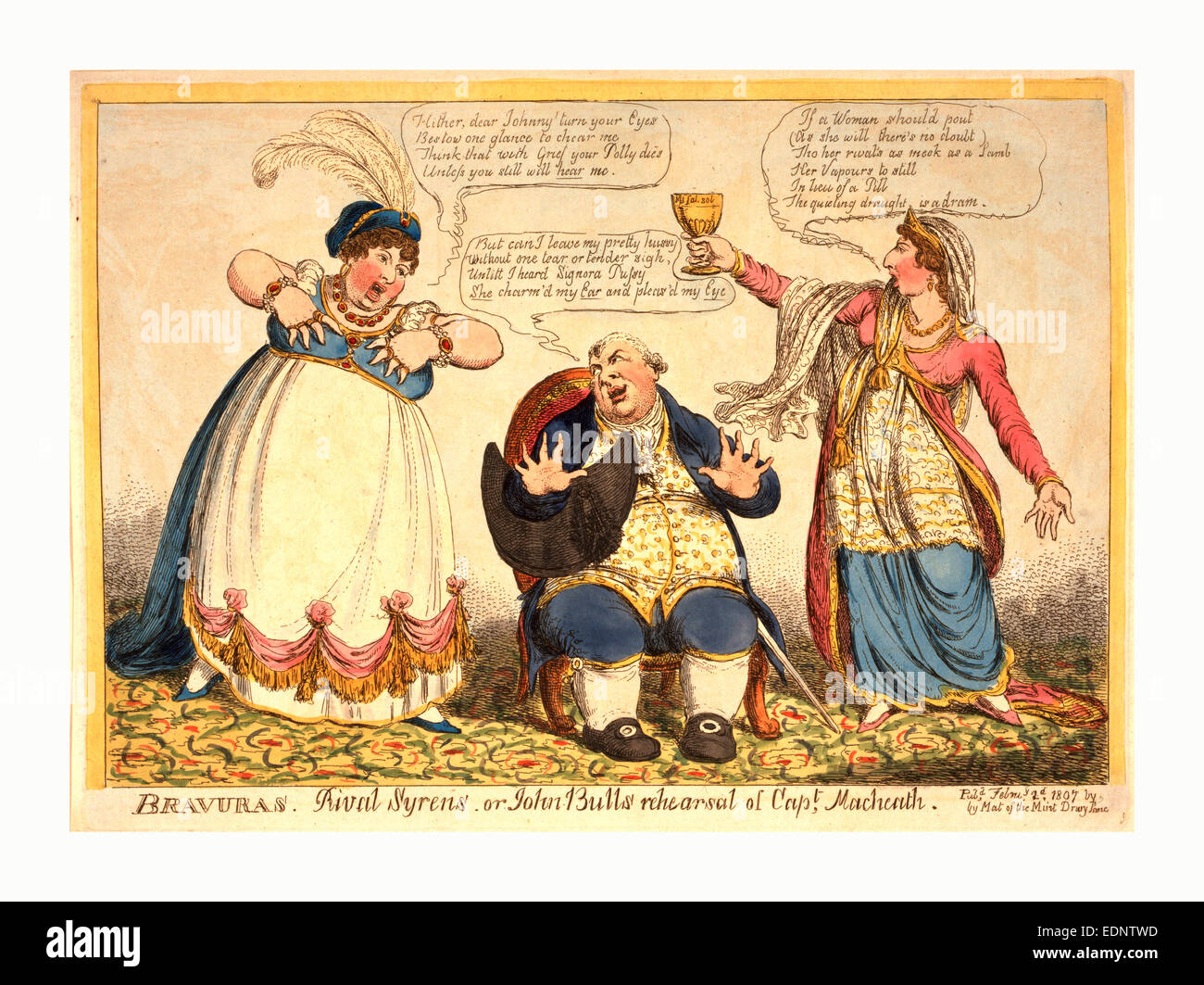Bravuras John-Bulls syrens Rival ou la répétition de la Capt Macheath, gravure 1807, John Bull, assis avec opera hat sous son bras Banque D'Images