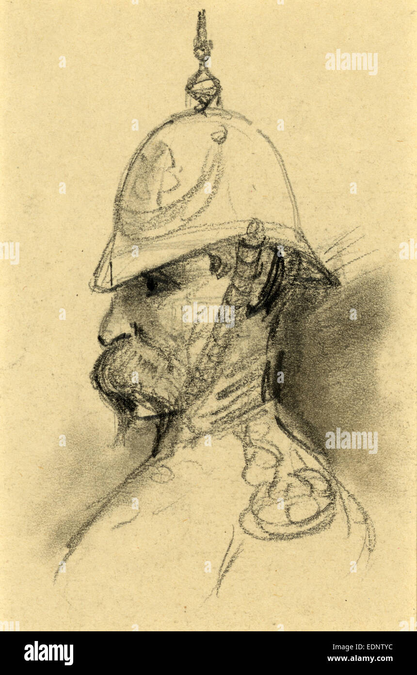 Portrait buste de soldat à l'allemande d'helmet, dessin, 1862-1865, par Alfred Waud R, 1828-1891 Banque D'Images