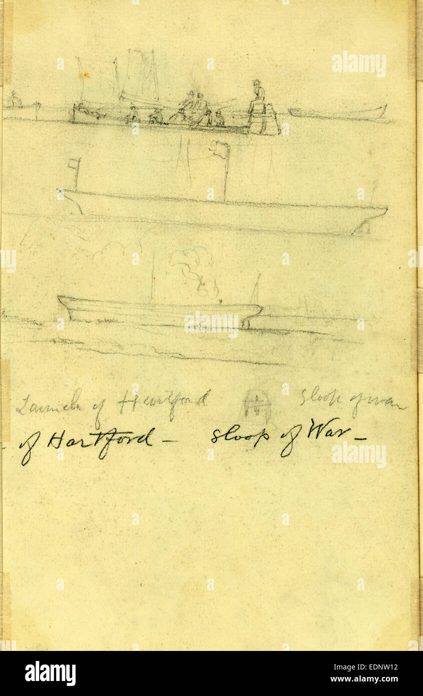 Lancement d'Hartford, sloop de guerre, dessin, 1862-1865, par Alfred Waud R, 1828-1891 Banque D'Images