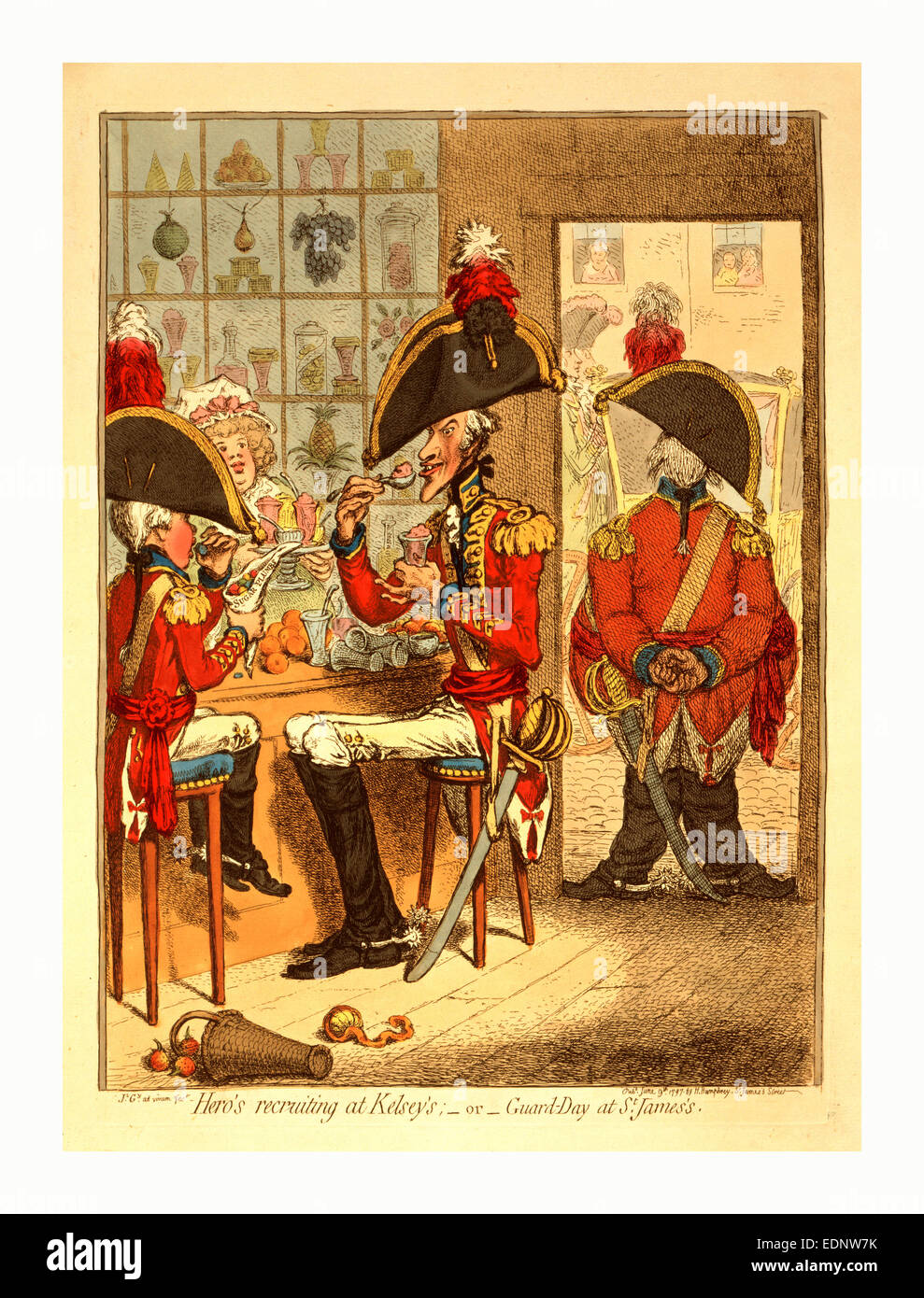 Le recrutement du héros à Kelsey's ou garde jour à Saint-james, Gillray, James, 1756-1815, graveur, gravure, Londres 1797 Banque D'Images