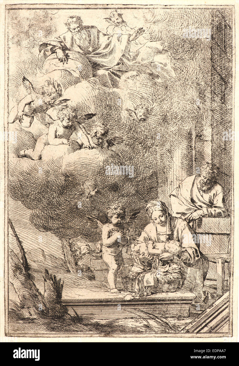 Giulio Carpioni (Italien, 1613 - 1678). Sainte Famille avec Dieu le Père et les Anges, 17ème siècle. Eau-forte. Premier de deux membres Banque D'Images Giulio Carpioni (Italien, 1613 - 1678). Sainte Famille avec Dieu le Père et les Anges, 17ème siècle. Eau-forte. Premier de deux membres Banque D'Images