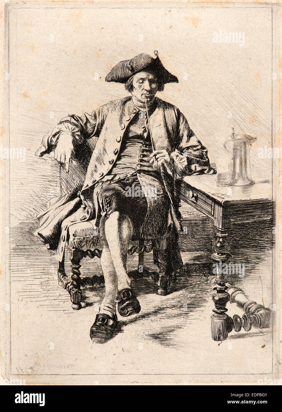 Jean Louis Ernest Meissonier (Français, 1815 - 1891). Le fumeur, 1843. Eau-forte Banque D'Images