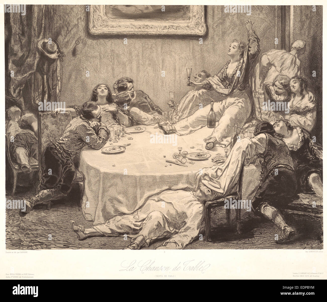 Paul Gavarni (aka Hippolyte-Guillaume-Sulpice Chevalier, Français, 1804 - 1866). La Chanson de Table, 1852. Lithographie Banque D'Images