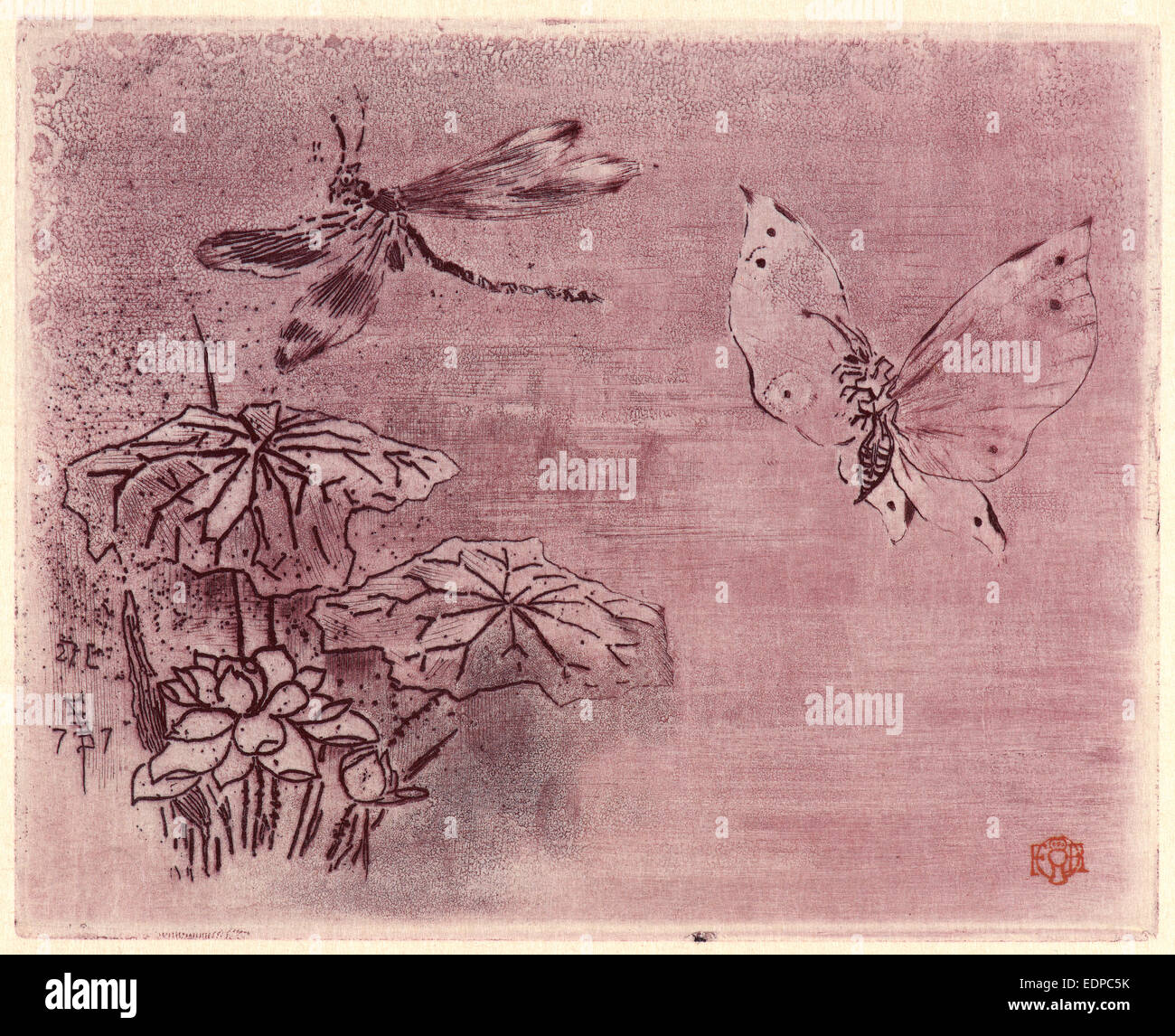 Félix Hilaire Buhot (Français, 1847 - 1898). Ex-libris avec Papillon et libellule (Ex Libris Papillon et Libellule) Banque D'Images