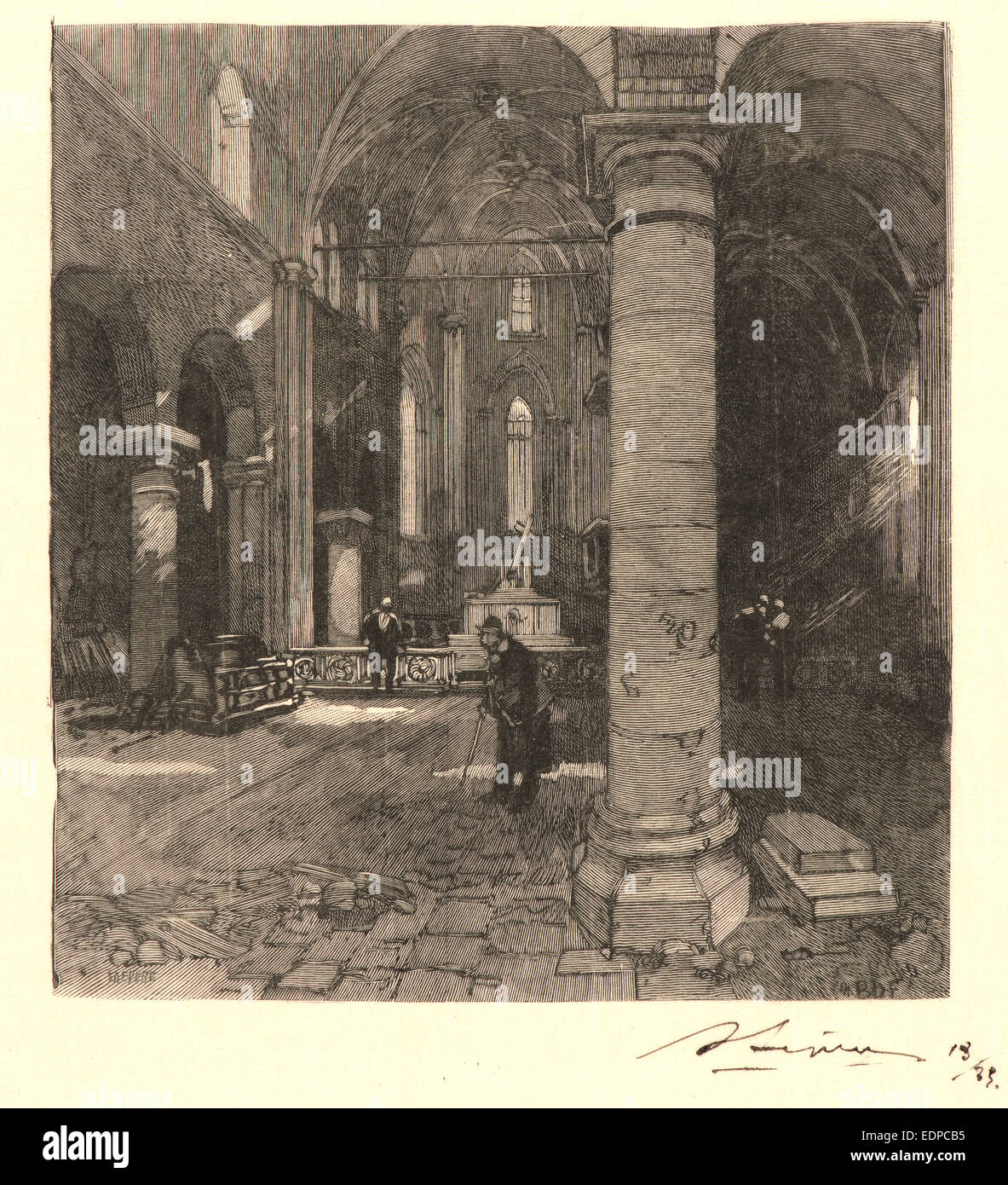 Louis Auguste Lepère (Français, 1849 - 1918). Intérieur de l'église, ca. 1890-1910. La gravure sur bois sur papier de soie fine Banque D'Images