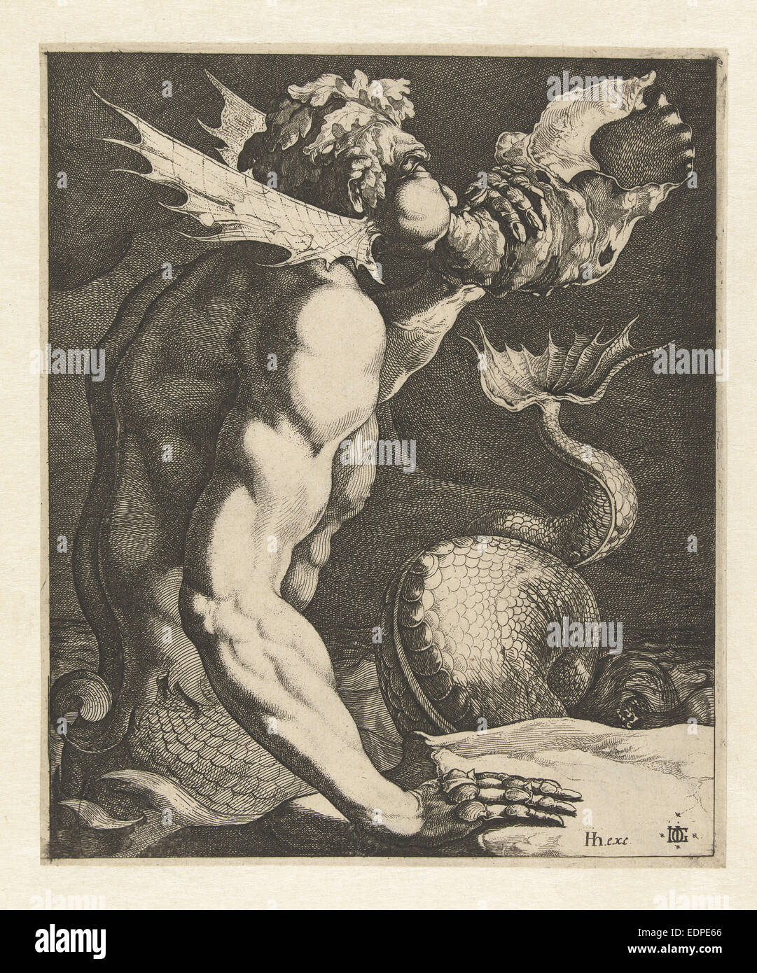 Un triton soufflant une conque, Jacob de Gheyn (III), Hendrick Hondius (I), 1616 - 1620 Banque D'Images