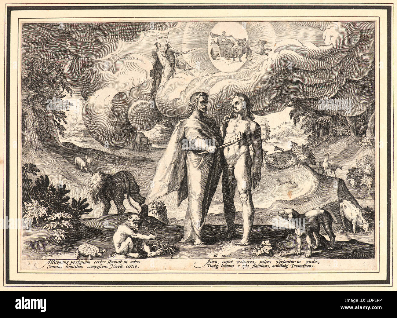 Après anonyme Hendrick Goltzius (Néerlandais, 1558 - 1617). Prométhée de décisions et d'animation de l'homme lui avec le feu du ciel, ca. 1589 Banque D'Images