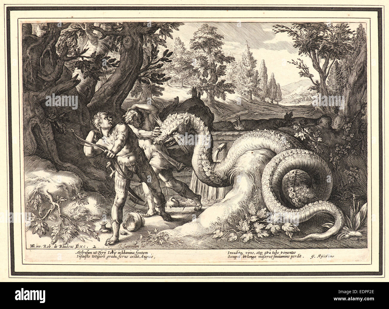 Après anonyme Hendrick Goltzius (Néerlandais, 1558 - 1617). Le Dragon dévorant les compagnons de Cadmus, ca. 1615 Banque D'Images