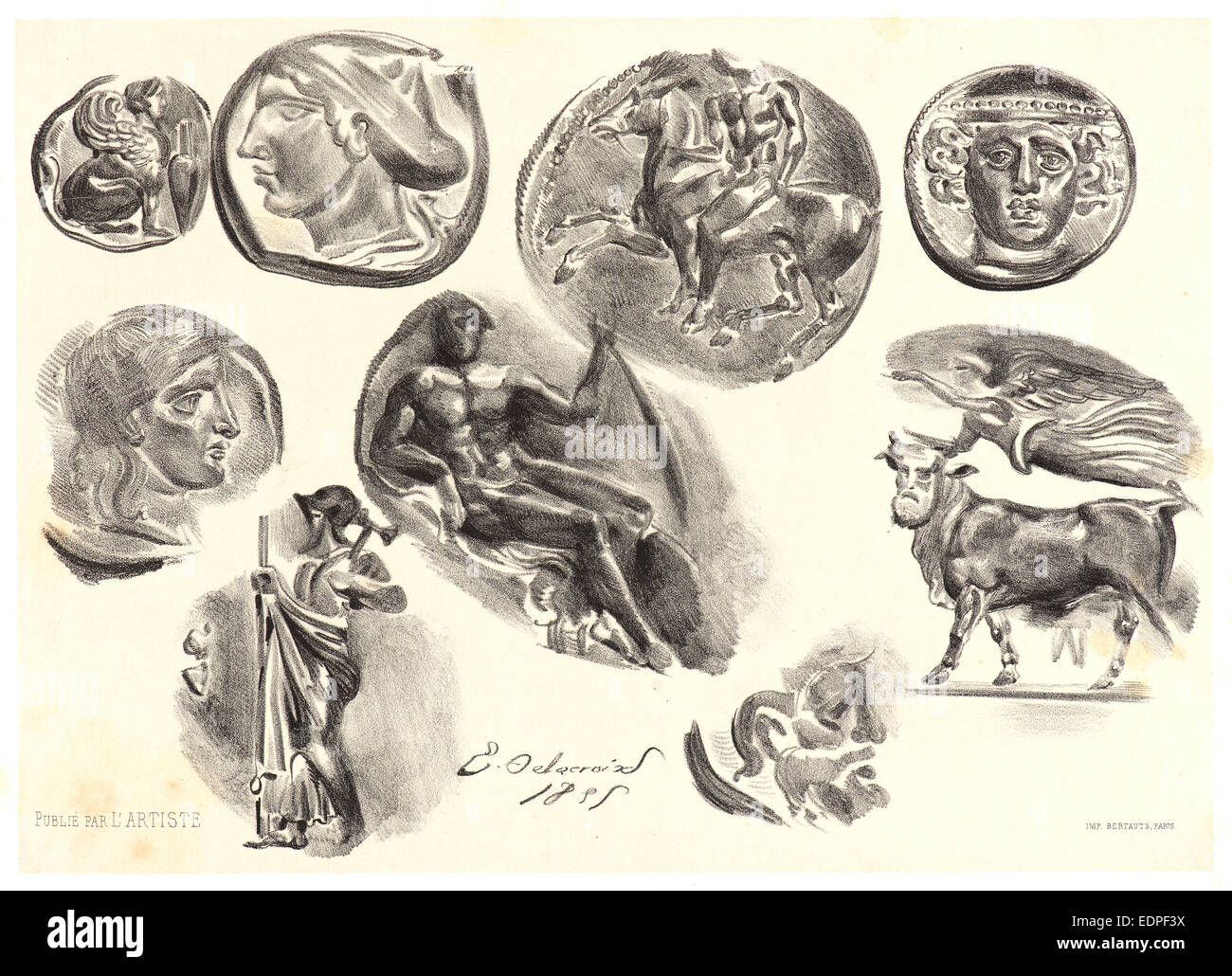 Eugène Delacroix (Français, 1798 - 1863). Neuf médailles antiques (neuf médailles antiques), 1825. Lithographie Banque D'Images