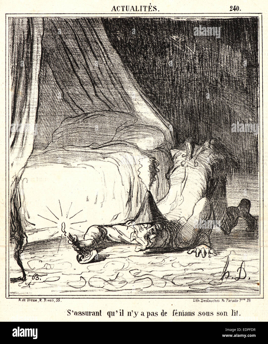 Honoré Daumier (Français, 1808 - 1879). S'assurent qu'il n'y a pas de Fenians sous son lit, 1866. D'Actualités. Lithographie Banque D'Images