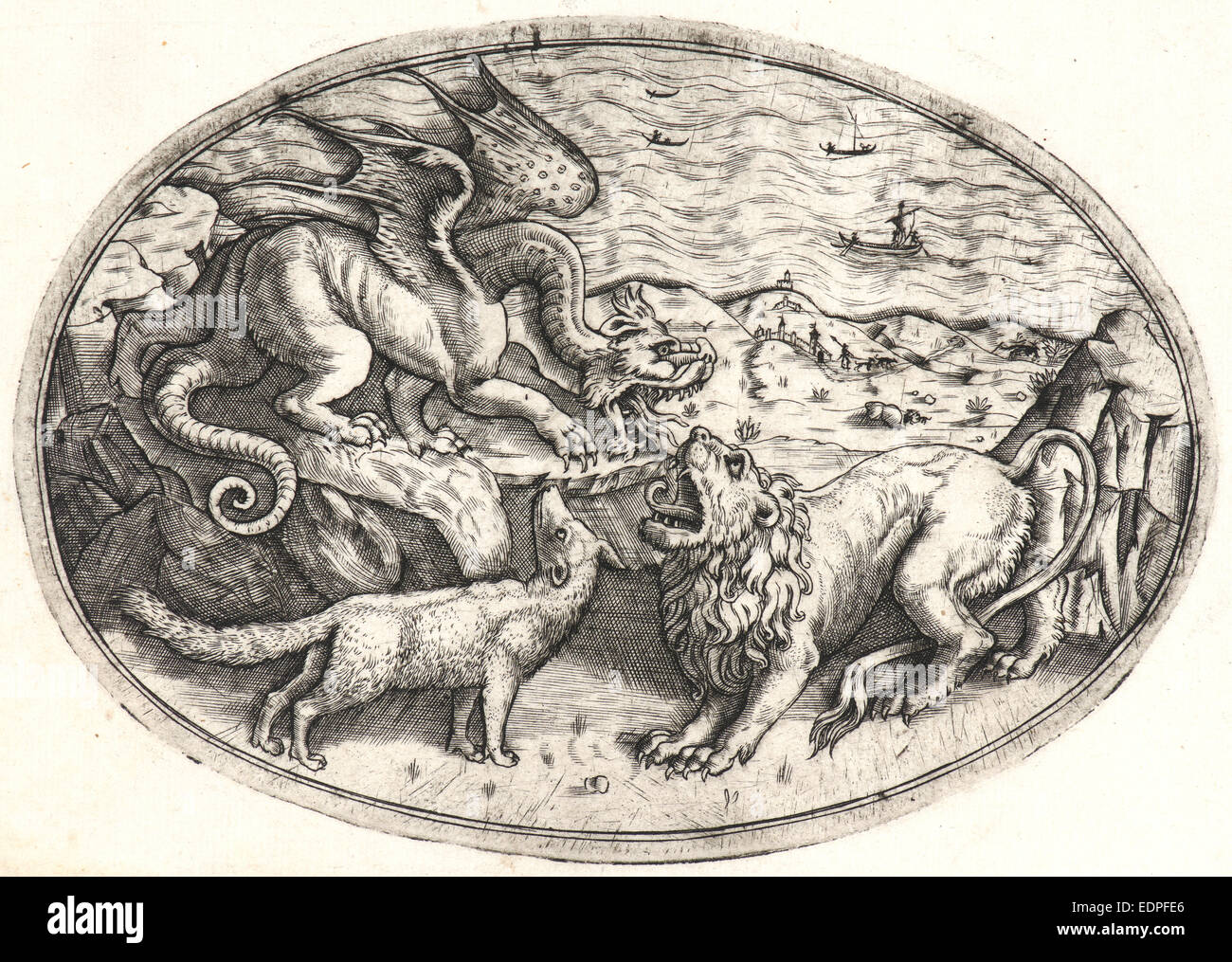 Anonyme (italien). Le lion, le Dragon et Fox se quereller, ca. 1470-1490. Gravure sur bois sur papier ; semble être 16e siècle Banque D'Images