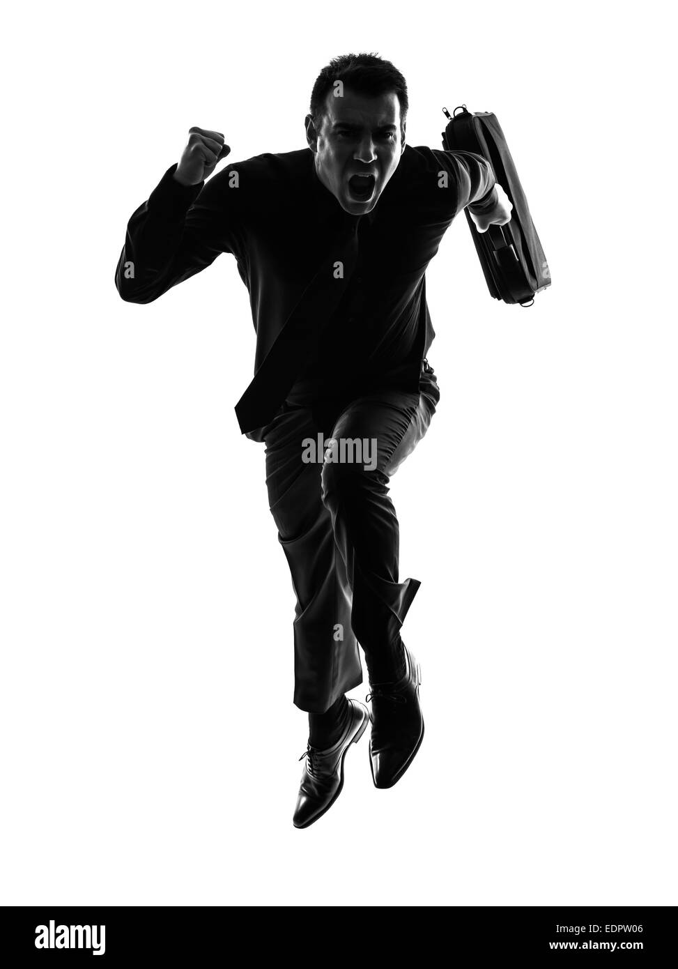 Un caucasian business man running en silhouette sur fond blanc Banque D'Images