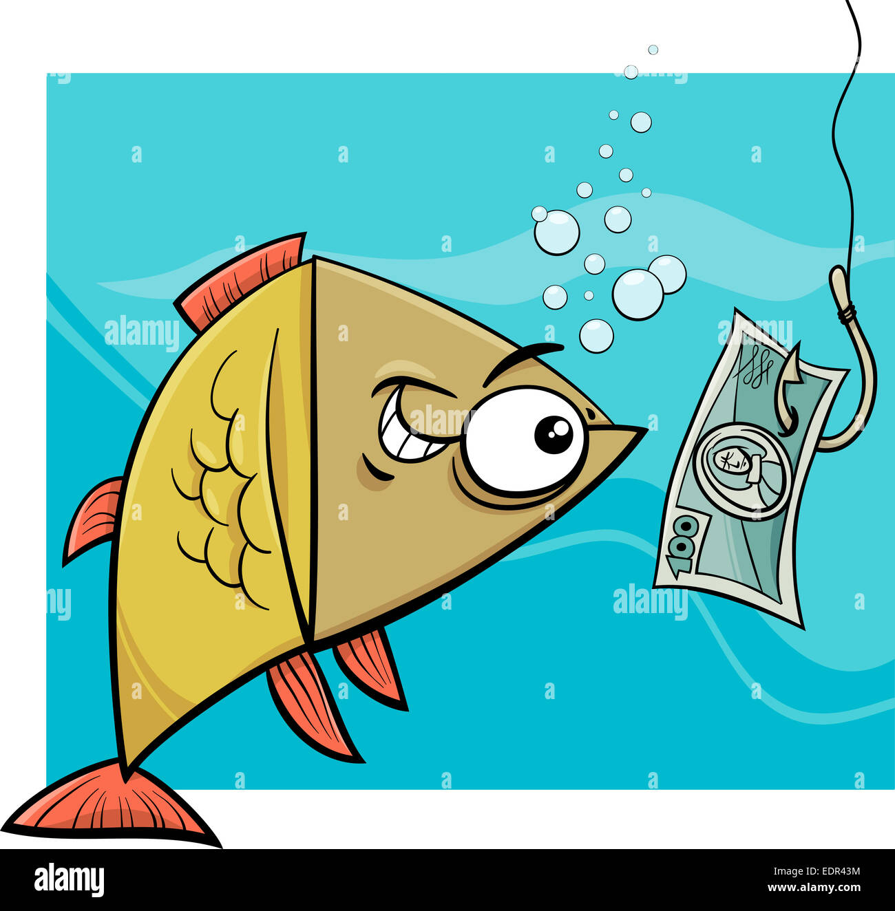 Cartoon Illustration Humour Drôle de concept et de poissons appâts Pêche crochet avec de l'argent Banque D'Images