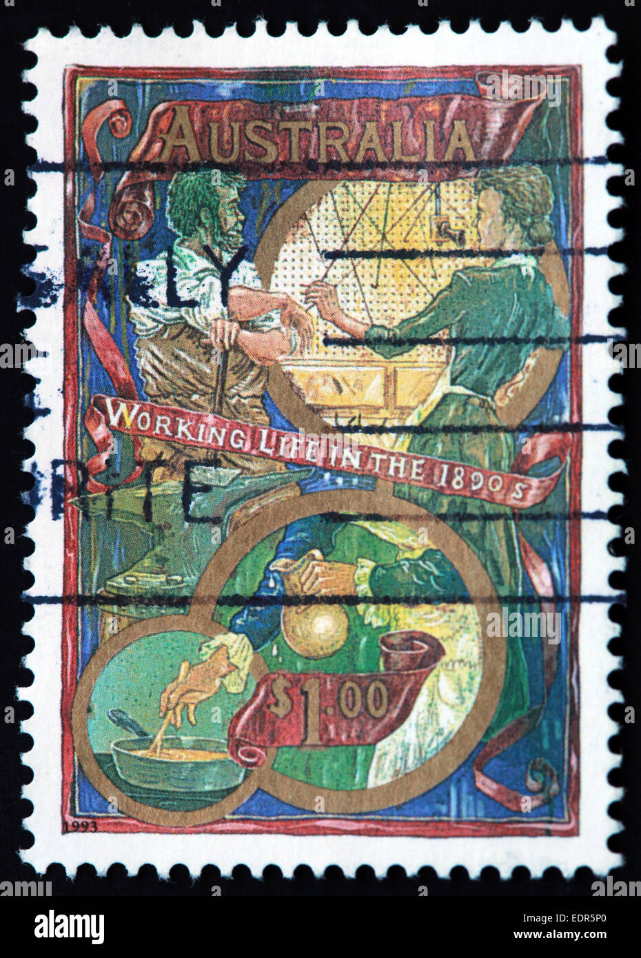 Utilisé et oblitérée Australie / Austrailian Stamp $1 la vie au travail dans les années 1890, 1993 Banque D'Images