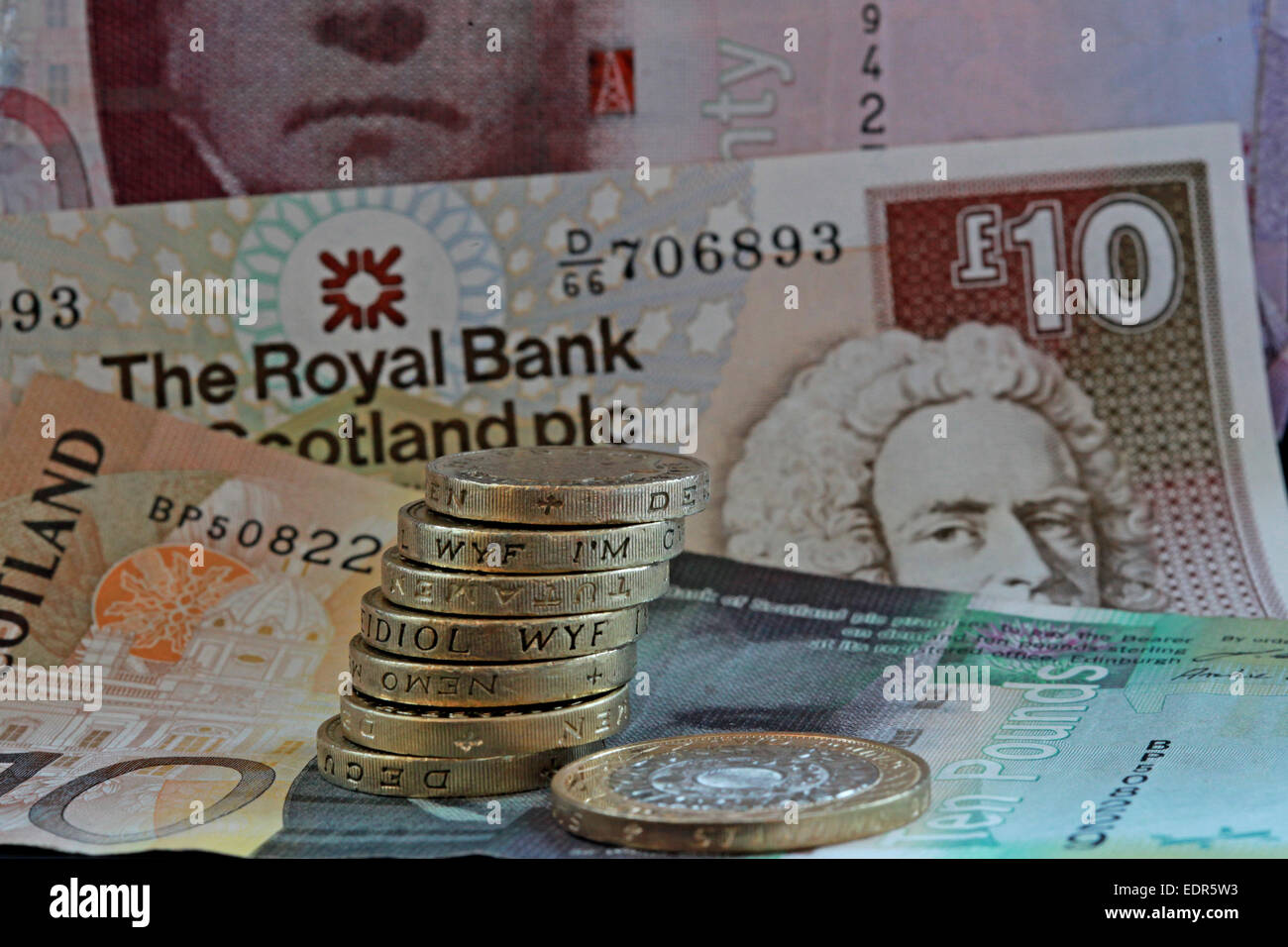 L'Écosse Sterling argent pièces de monnaie écossais notes service finances Banque D'Images