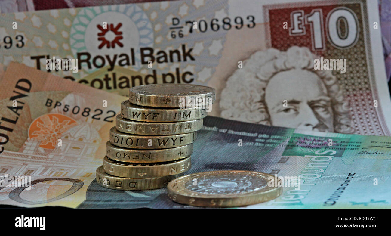 L'Écosse Sterling argent pièces de monnaie écossais notes service finances Banque D'Images