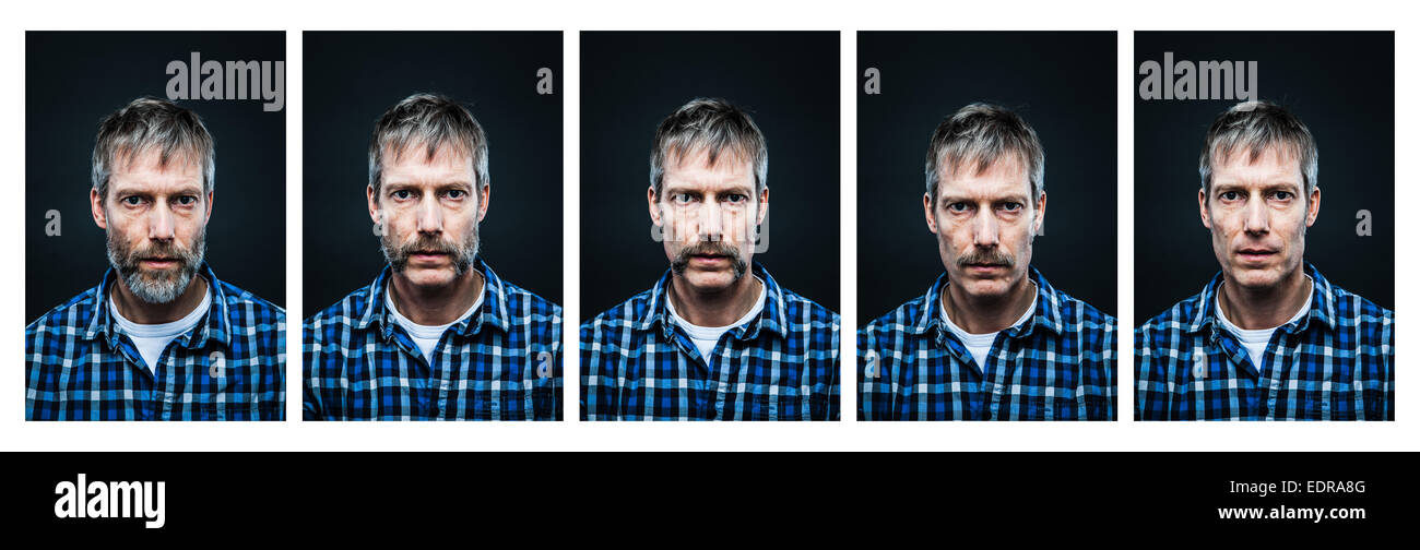 Série de cinq portraits d'un homme dans la cinquantaine, montrant différentes étapes de rasage. La barbe, favoris, guidon moustache, petite moustache et rasé. Banque D'Images