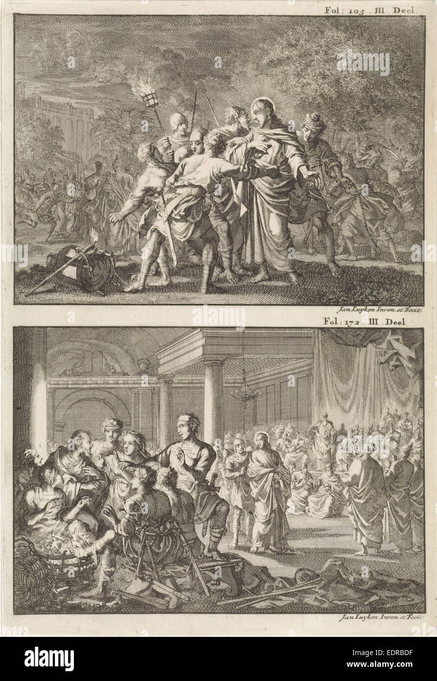 L'Arrestation du Christ et Peter refuse le Christ, Jan Luyken, Willem Broedelet, 1700 Banque D'Images L'Arrestation du Christ et Peter refuse le Christ, Jan Luyken, Willem Broedelet, 1700 Banque D'Images