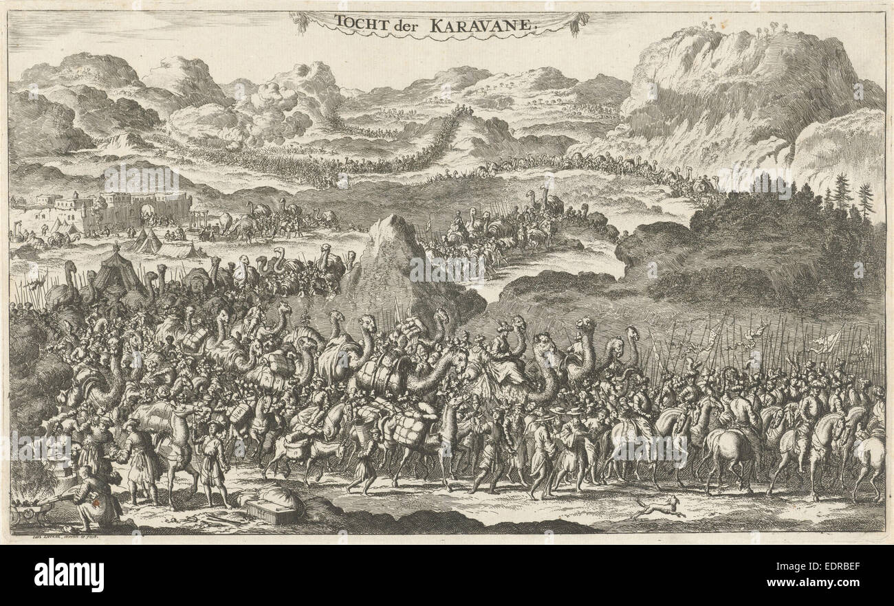 Grande caravane de chameaux chargés et des chiffres sur l', Jan Luyken, 1681 Banque D'Images