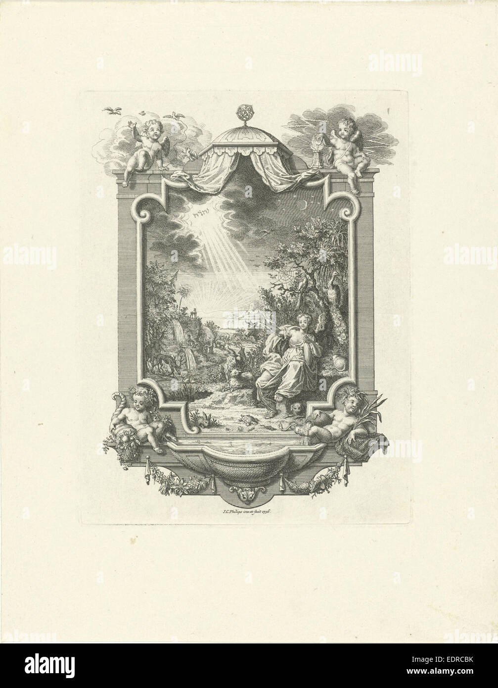 Cartouche avec l'allégorie de la création, Jan Caspar Philips, 1736 Banque D'Images