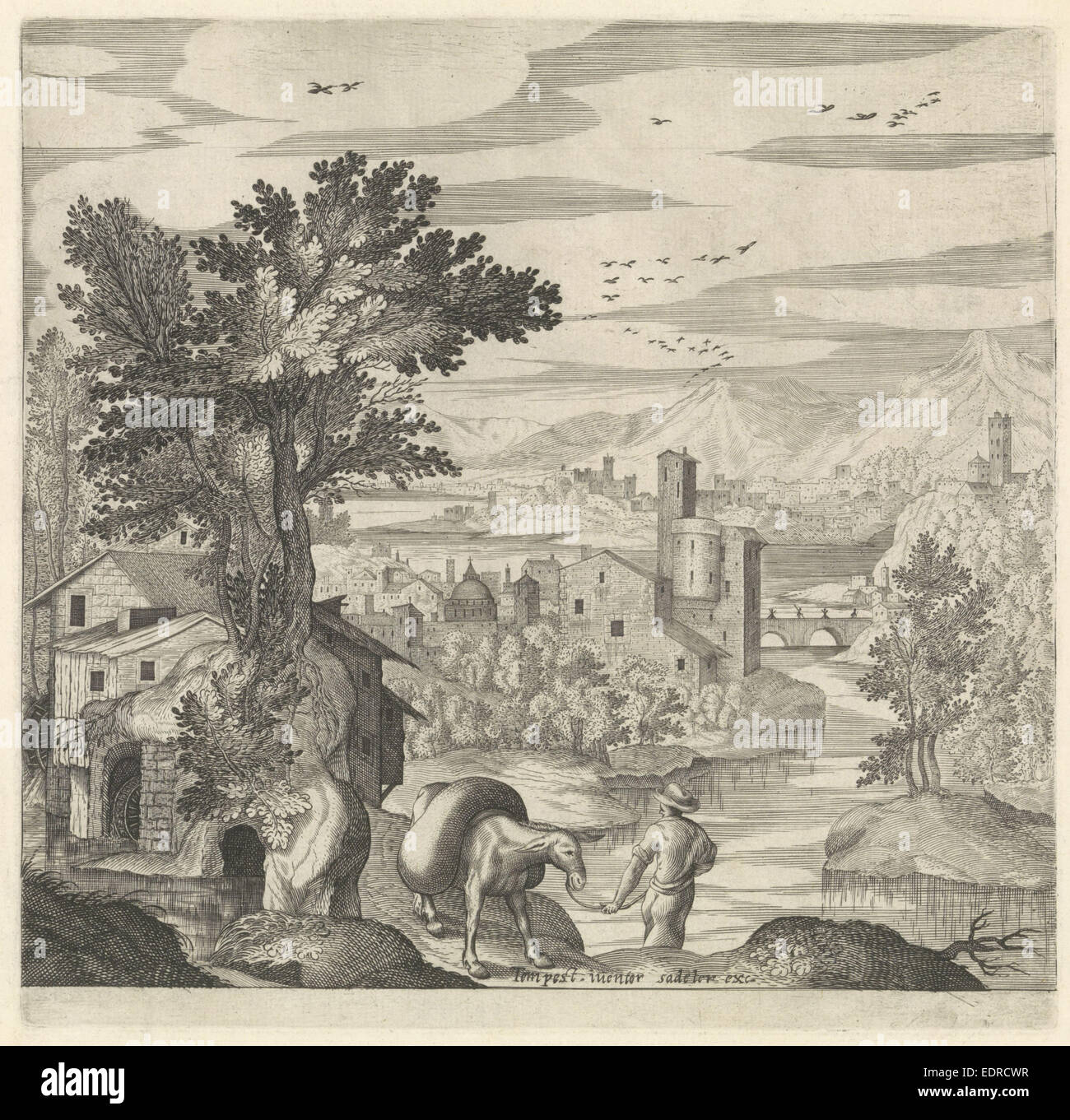 Paysage avec un agriculteur et son âne, Johann Sadeler (I), Aegidius Sadeler, Anonyme Banque D'Images