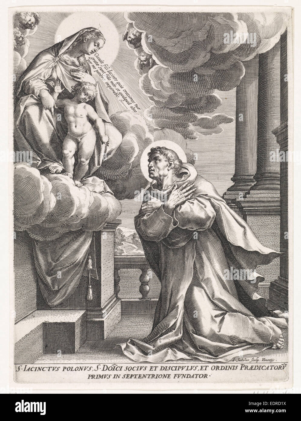 Saint Hyacinthe de Pologne vénère Marie avec l'Enfant Jésus, Jean Sadeler (I), 1595 - 1600 Banque D'Images