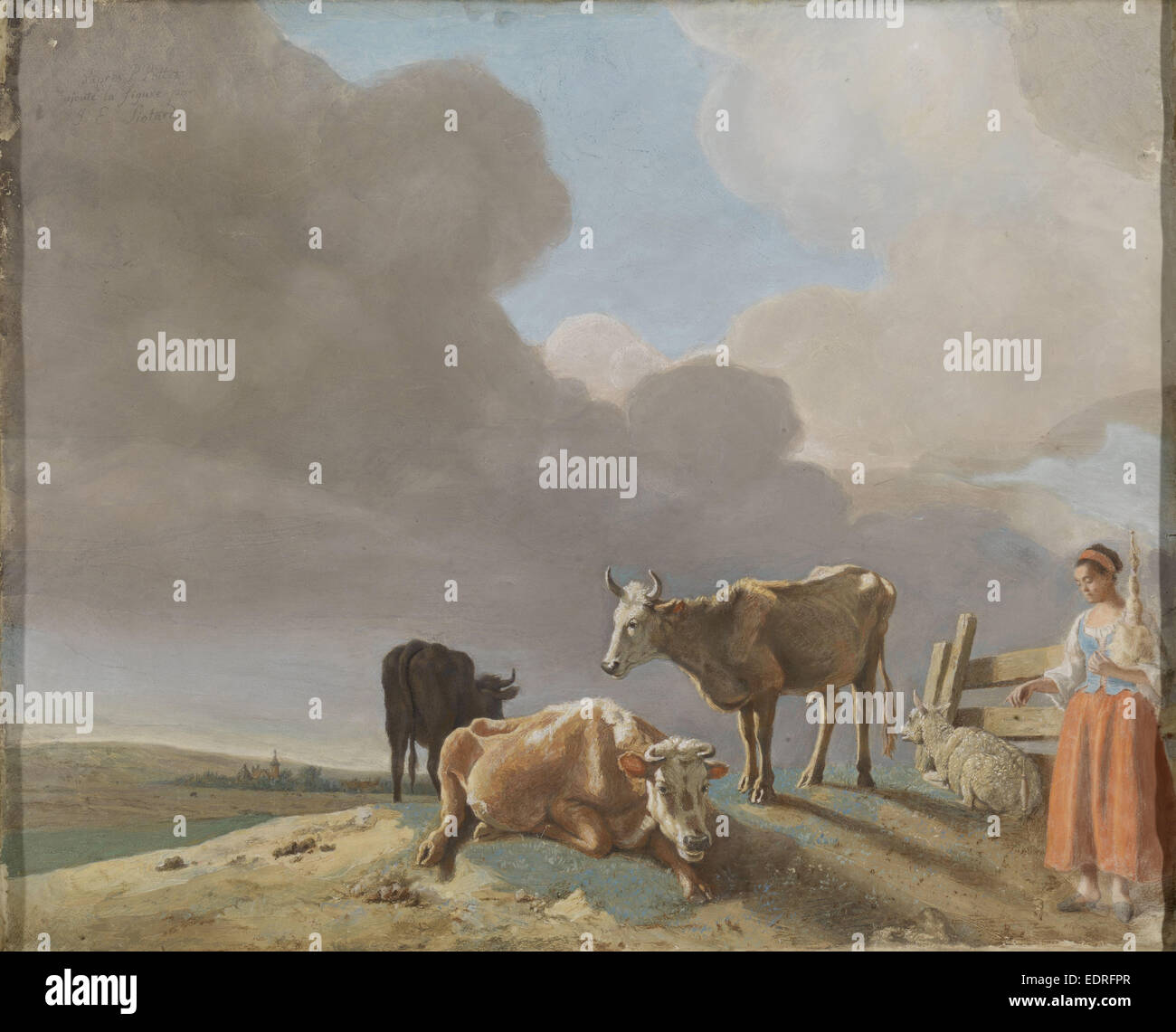 Paysage avec vaches et moutons , bergère, copie modifiée d'une peinture de Paulus Potter, la bergère Banque D'Images
