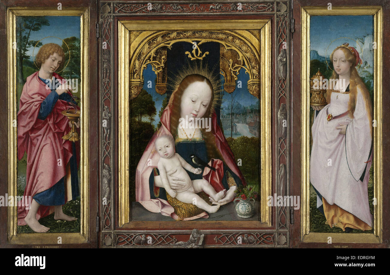 Le triptyque avec la Vierge et l'enfant, Saint Jean l'Évangéliste (aile gauche) et Marie Madeleine (aile droite), Jan Provoost Banque D'Images