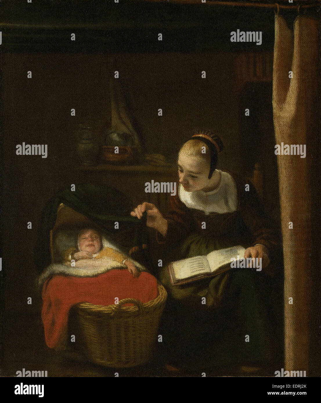 Jeune femme à un berceau, Nicolaes MAES, 1652 - 1662 Banque D'Images