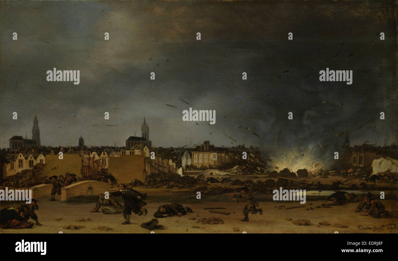 L'explosion de la tour poudrière, Kruittoren à Delft, Pays-Bas, octobre 12, 1654, Poel, Egbert Lievensz van der, 1660. Banque D'Images
