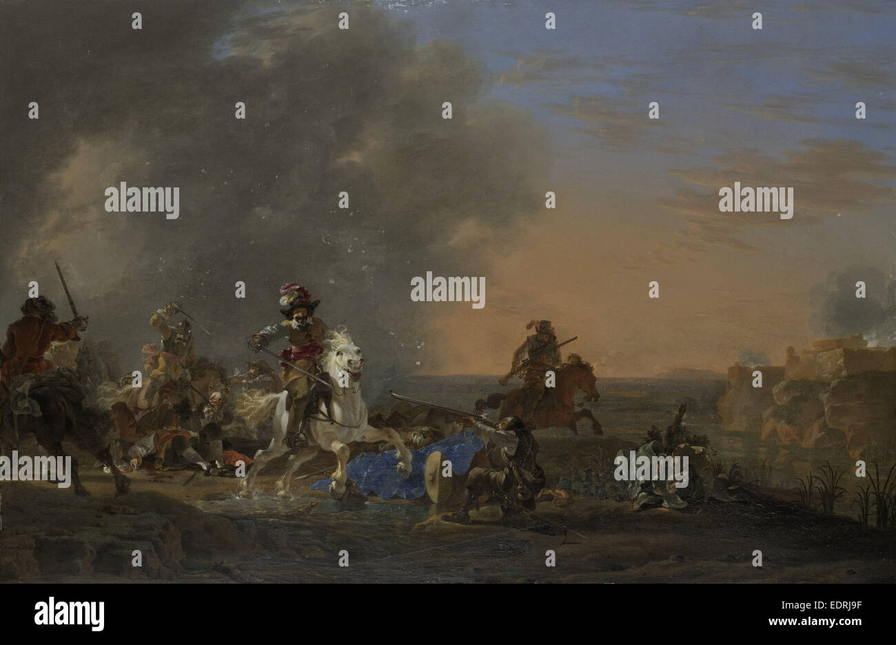 Charge de cavalerie au coucher du soleil, Jan Asselijn, 1646 Banque D'Images