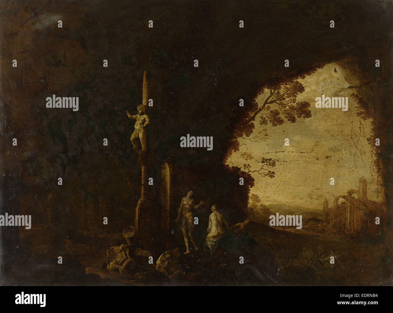 Nymphes dans une grotte avec des ruines anciennes, Petrus van Hattich, 1640 - 1649 Banque D'Images
