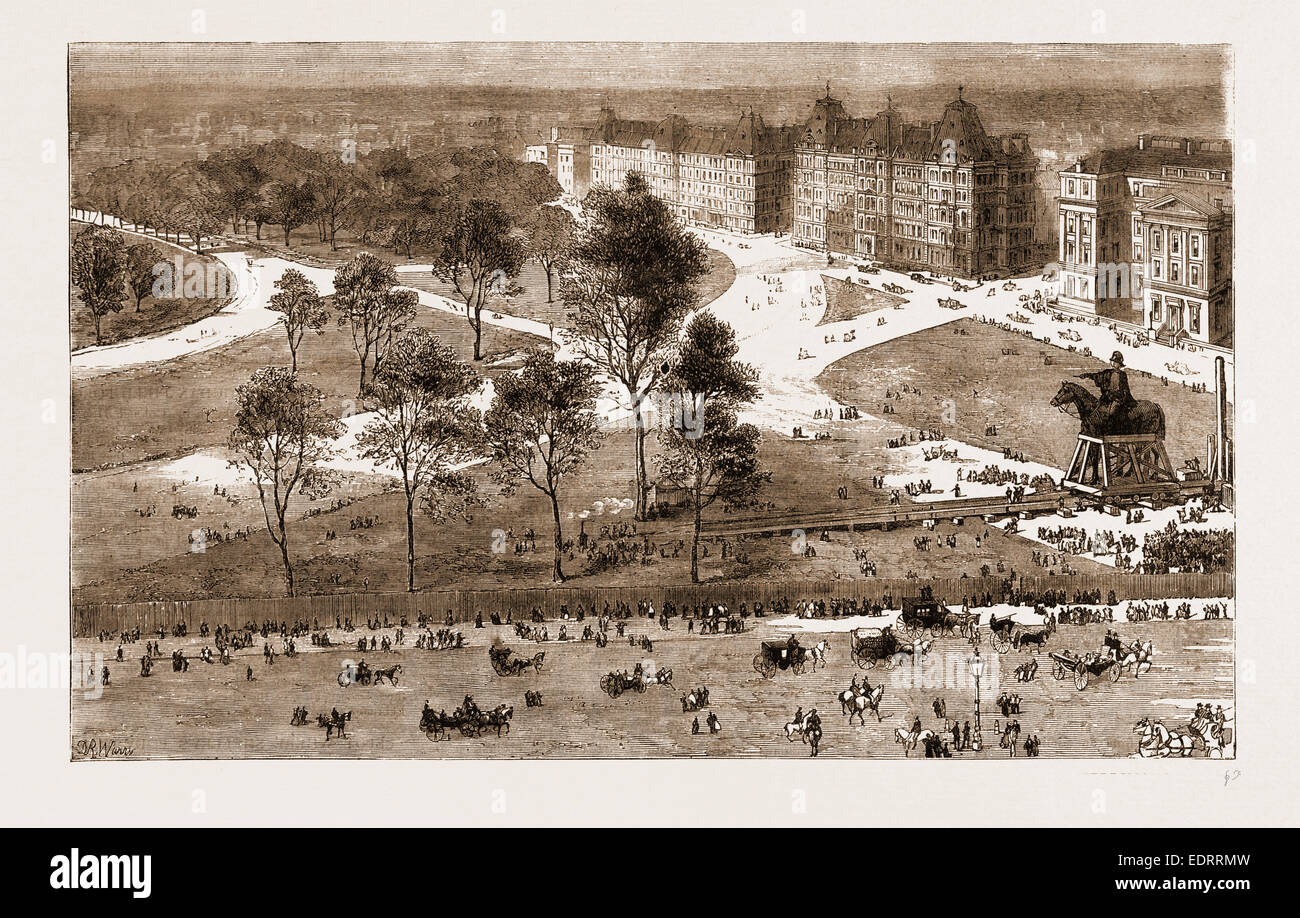 L'AMÉLIORATION À Hyde Park Corner, ET LE RETRAIT DE LA STATUE DU DUC DE WELLINGTON, Londres, Royaume-Uni, 1883 Banque D'Images