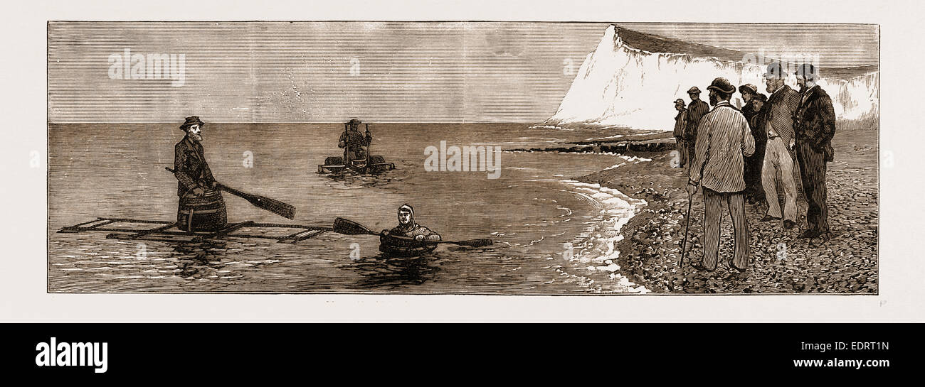 Des expériences avec de nouveaux appareils de sauvetage à Douvres, UK, 1883 : Maître Alfred Ward en costume étanche des brevets Banque D'Images