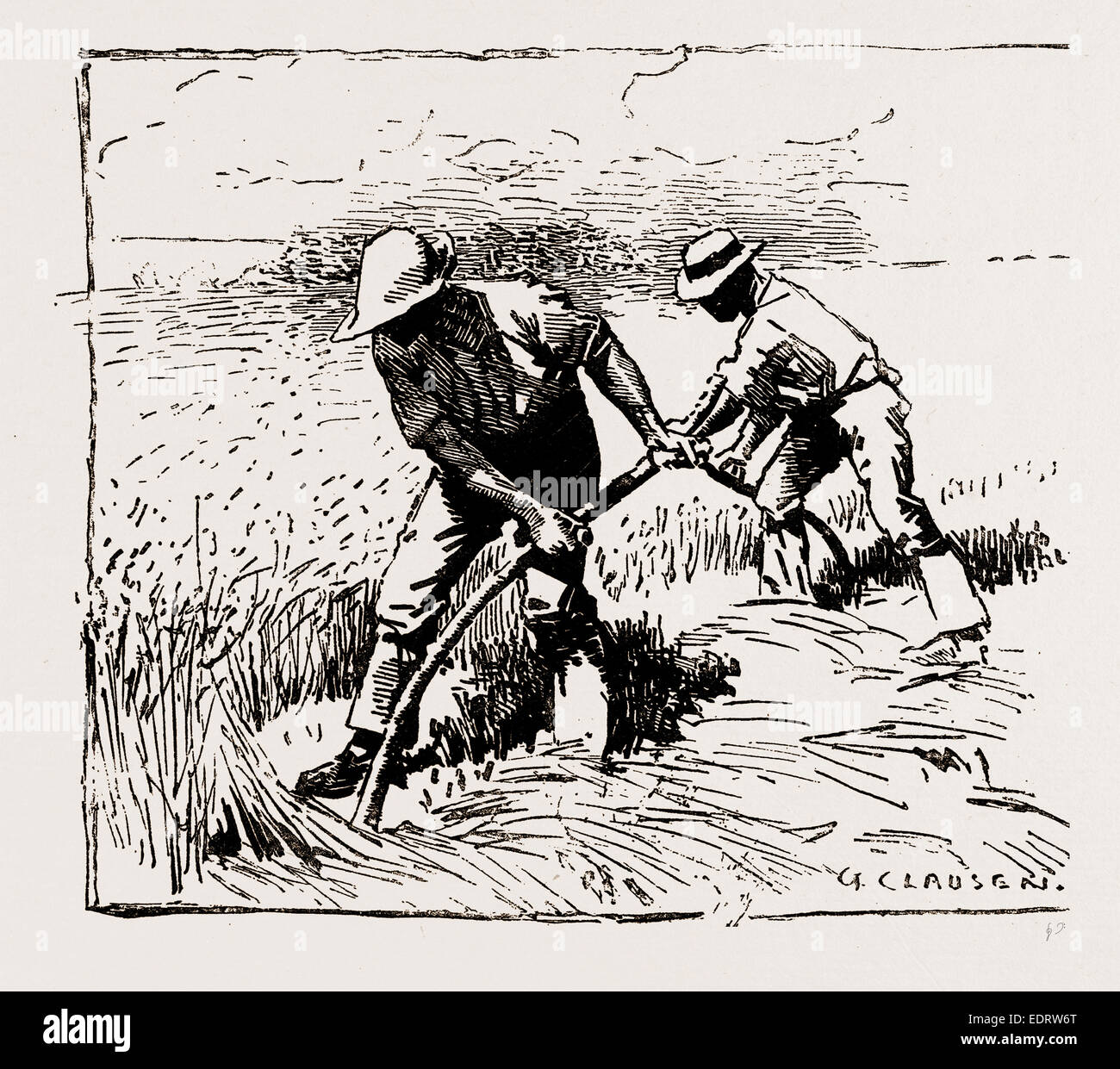 Les illustrations DU CATALOGUE DE L'INSTITUT ROYAL DES PEINTRES DANS DES COULEURS DE L'EAU, 1886 : tondeuses à gazon, par George Clausen, R.I. Banque D'Images