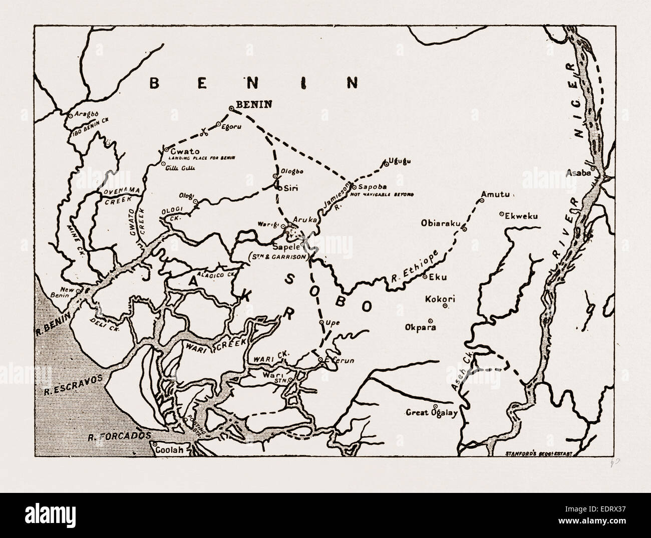 L'AVANCE SUR LE BÉNIN : Carte montrant l'ITINÉRAIRE DE L'expédition, 1897 : La partie principale de l'expédition punitive Banque D'Images