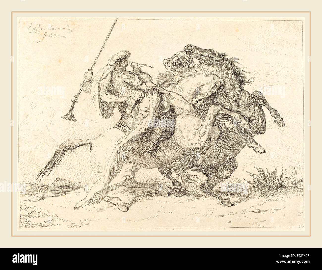 Eugène Delacroix (Français, 1798-1863), rencontre des cavaliers maures (Rencontre de cavaliers Maures), 1834, eau-forte Banque D'Images