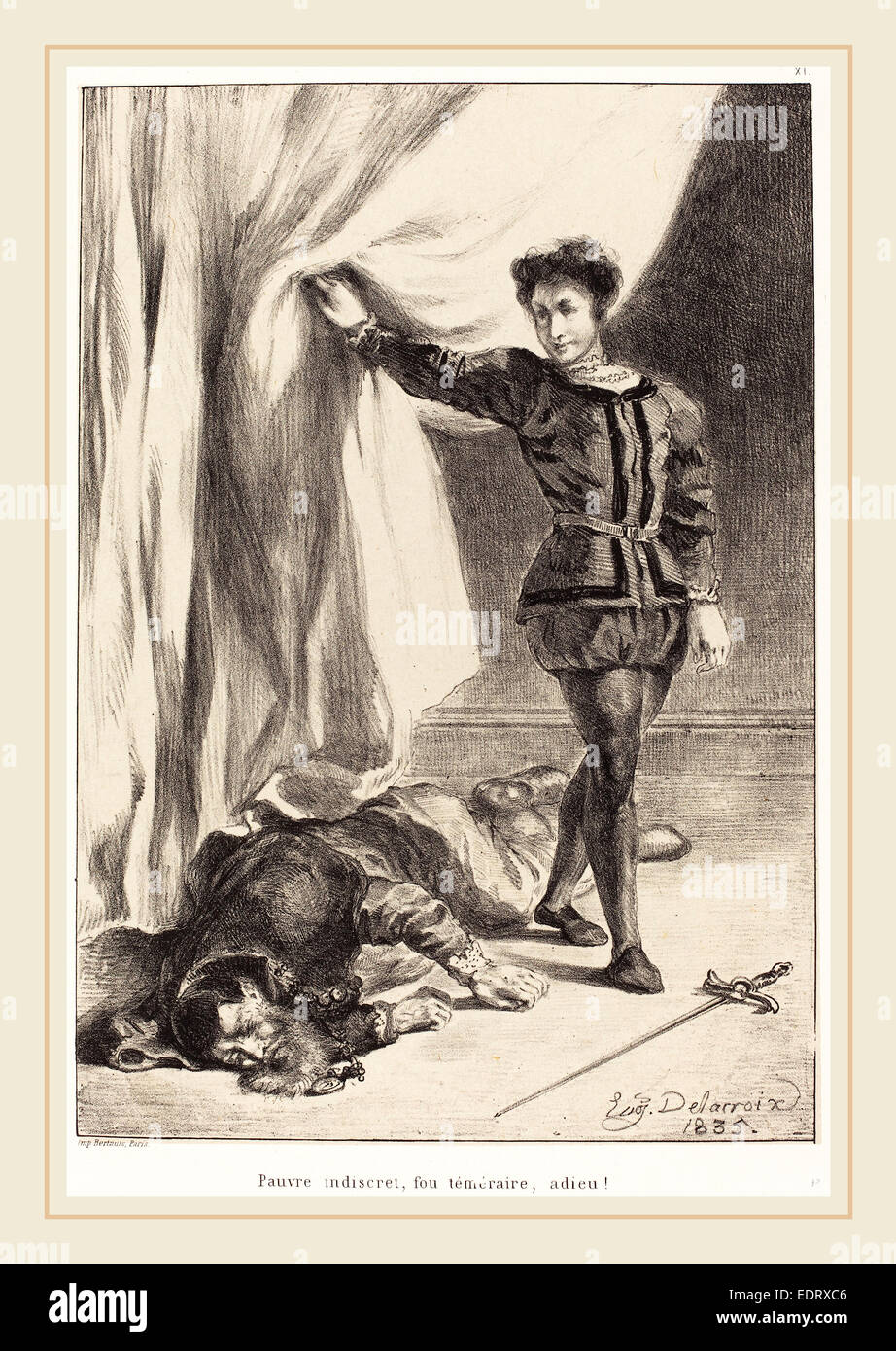 Eugène Delacroix (Français, 1798-1863), Hamlet et le corps de Polonius (Acte III, scène IV), 1835, lithographie Banque D'Images