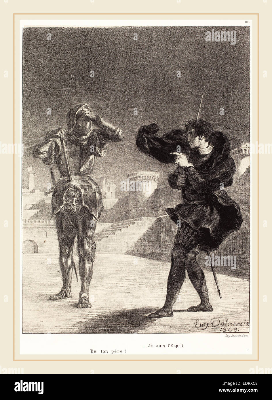 Eugène Delacroix (Français, 1798-1863), le fantôme sur la terrasse (Acte I, scène V), 1843, lithographie Banque D'Images